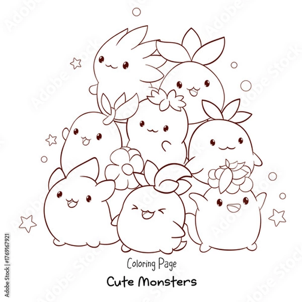 Obraz Vector coloring page with cute little monsters in kawaii style. Pile of Funny happy baby monsters. Antistress coloring book for children. Child anti stress coloring book page. Vector illustration EPS8