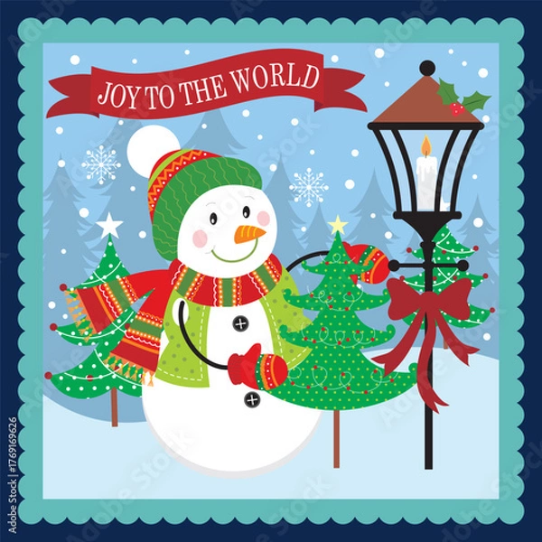 Fototapeta Christmas card with snowman and tree