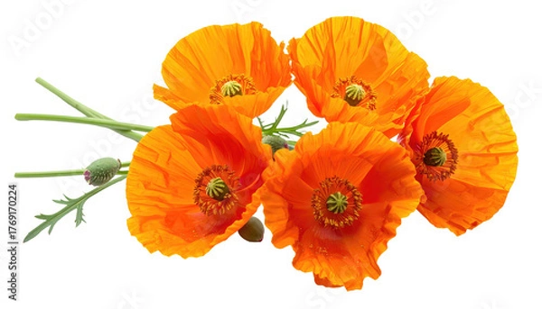 Fototapeta Vibrant orange poppy cluster with stems, isolated on a black background