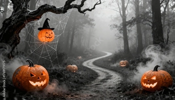 Obraz A spooky forest scene with a winding path. Jack-o'-lanterns are placed along the path, surrounded by fog and a spider web. A tree with a witch's hat adds to the Halloween atmosphere.