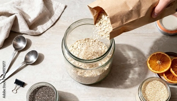 Obraz A hand pours oats from a paper bag into a glass jar. Surrounding elements include spoons, chia seeds, and dried orange slices on a wooden surface.