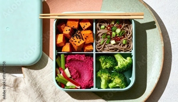 Obraz A colorful bento box filled with healthy food. It contains sweet potatoes, soba noodles, broccoli, and beet hummus. The box is placed on a light background.