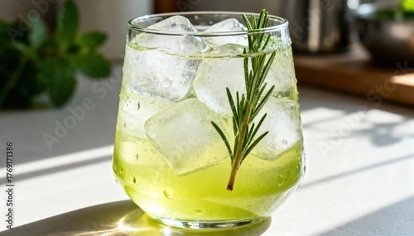 Obraz A refreshing green cocktail with ice cubes and a sprig of rosemary. The drink is served in a clear glass on a bright surface, surrounded by greenery.
