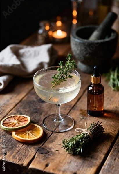 Obraz A cocktail glass with a sprig of thyme sits on a wooden table. Dried orange slices and a glass bottle are nearby. Soft candlelight creates a warm ambiance.