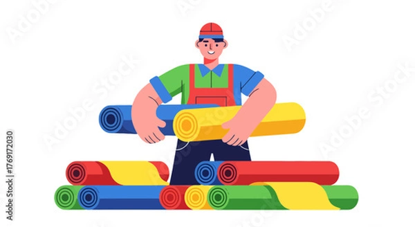 Fototapeta Delivery Person Smiling While Organizing Rolled Colorful Rugs on a Black Background