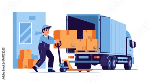 Fototapeta Delivery Worker Loading Parcels Into a Cargo Truck Representing Logistics and Transportation