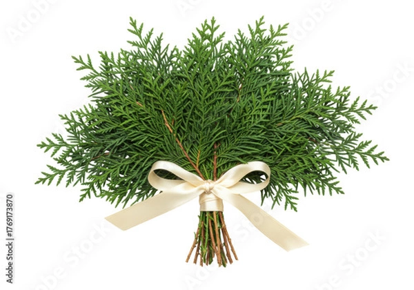 Obraz Isolated bundle of evergreen plant branches with silk ribbon, Christmas decoration