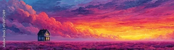 Fototapeta Little house floats on balloons in sky concept. A serene landscape featuring a vibrant sunset behind a house.