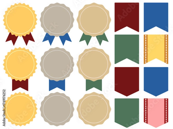 Obraz シンプルで可愛いリボンと勲章やメダルのイラストセット