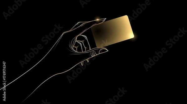 Obraz Illustration of a hand silhouette drawn in gold outline holding a glowing golden card rendered on black background
