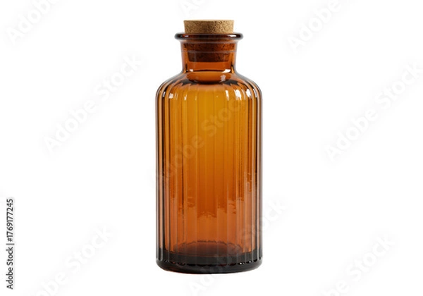 Obraz Isolated amber glass bottle with cork stopper, old fashioned apothecary vintage style