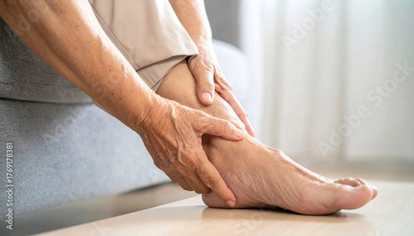 Obraz Elderly woman on bed holding her sore knee and rubbing painful heel, close-up view showing joint pain relief concept.