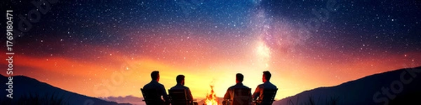 Fototapeta Group of friends sitting around a fire pit, enjoying beers and each other's company under a starry weekend sky