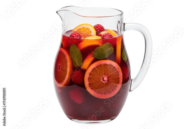 Fototapeta Isolated pitcher of sangria filled with colorful fruit, refreshing, celebratory beverage