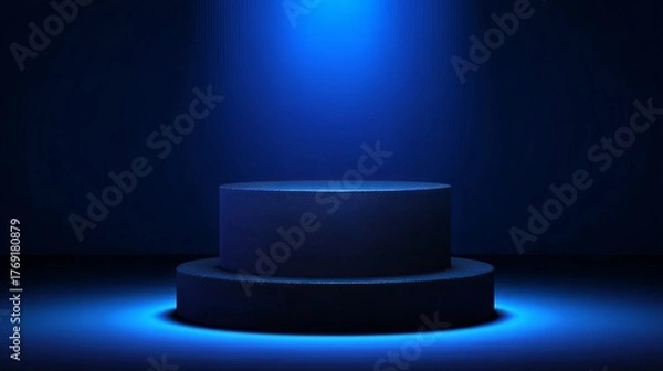 Fototapeta Dramatic blue spotlight illuminates a modern circular pedestal, perfect for product showcasing, awards, or futuristic presentations.