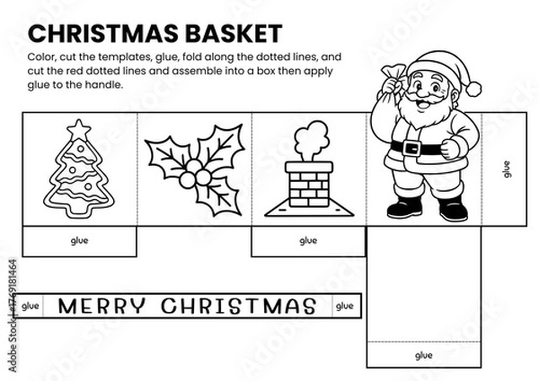 Fototapeta Christmas Santa basket craft templates for kids! A fun DIY coloring activity for holiday classrooms or home use. Perfect printable craft to color, cut, and assemble for festive celebrations.