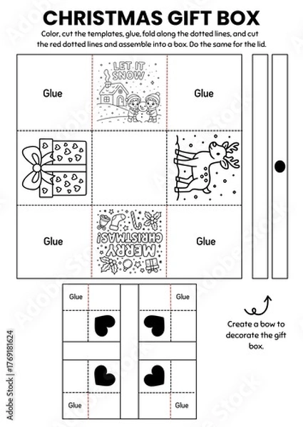 Fototapeta Christmas gift box craft templates for kids! A fun DIY coloring activity where children color, cut, and assemble their own festive boxes. Perfect for classroom parties, gifts, and holiday decorations.