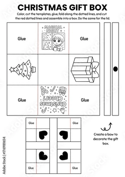 Fototapeta Christmas gift box craft templates for kids! A fun DIY coloring activity where children color, cut, and assemble their own festive boxes. Perfect for classroom parties, gifts, and holiday decorations.