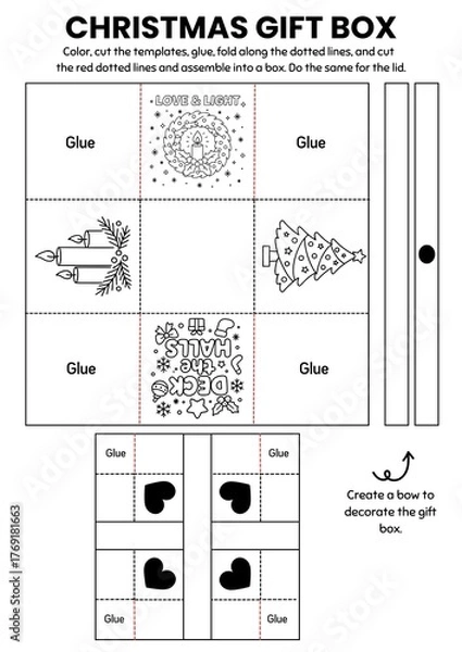 Fototapeta Christmas gift box craft templates for kids! A fun DIY coloring activity where children color, cut, and assemble their own festive boxes. Perfect for classroom parties, gifts, and holiday decorations.
