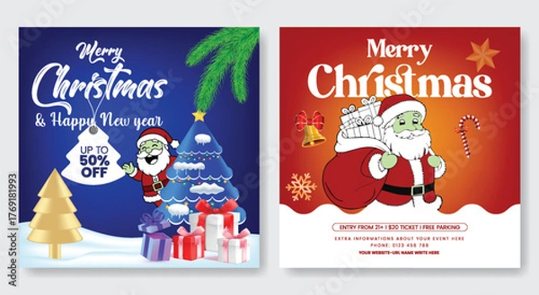 Fototapeta Christmas Celebration and New Year Party social media post design bundle, Christmas sale square flyer and poster template for sale discount promotion web banner with 3d Santa Christmas background