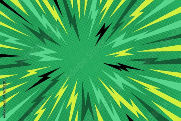 Obraz Manga thunder background forms anime comic line burst with radial perspective on green pop art texture. Manga thunder bg vector suits lightning effect, speed action frame, or abstract cartoon design.