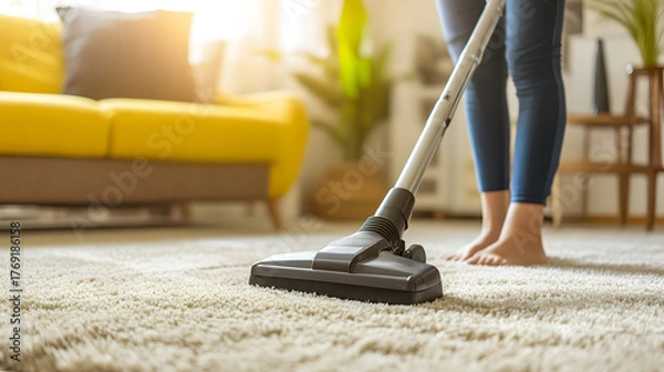 Fototapeta Woman is vacuuming carpet in modern living room with natural light, creating clean and cozy atmosphere. room features yellow sofa and green plants, adding touch of freshness