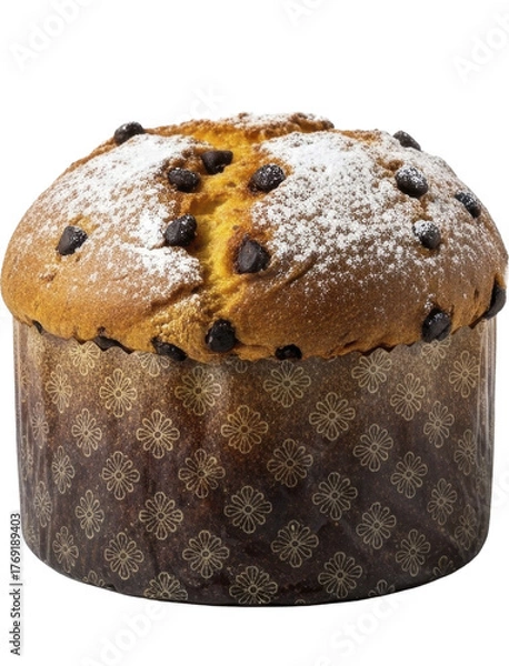 Fototapeta Classic Panettone Cake with Chocolate Chips and Powdered Sugar on a transparent background PNG image PNG file