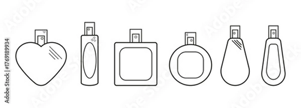 Obraz Set of perfume line icons. Bottle, flacon, spray illustration. Beauty care concept. Vector illustration of perfume bottle.
