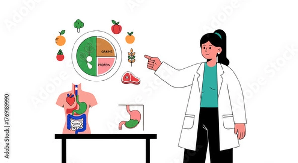 Fototapeta Healthy Dietitian Explaining Nutritional Facts With Food Groups Circle Chart, Minimalistic Design