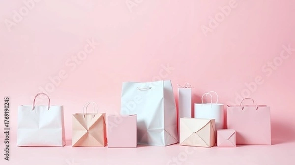 Fototapeta Row of assorted shopping paper bags and boxes on pink background with copy space