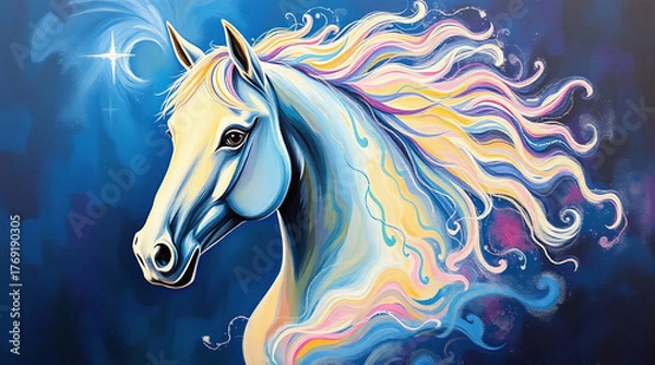 Fototapeta artistic painting portrait of white horse on blue with shining star above