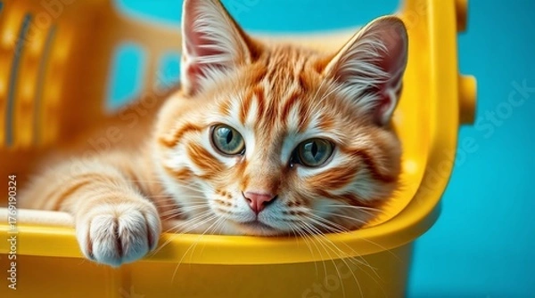 Fototapeta close up of orange cat in yellow carrier box and blue background
