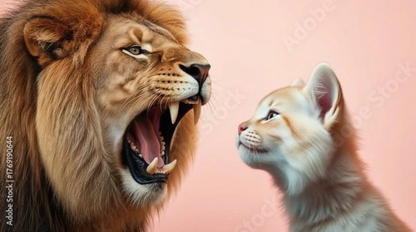 Fototapeta Roaring wild lion and a domestic cat facing each other against pink background