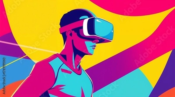 Fototapeta Vibrant illustration of sportive man wearing virtual reality glasses against colorful background