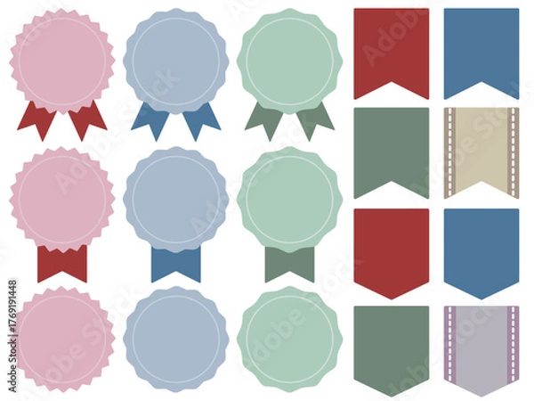 Obraz くすみカラーのシンプルで可愛いリボンと勲章とメダルのイラストセット