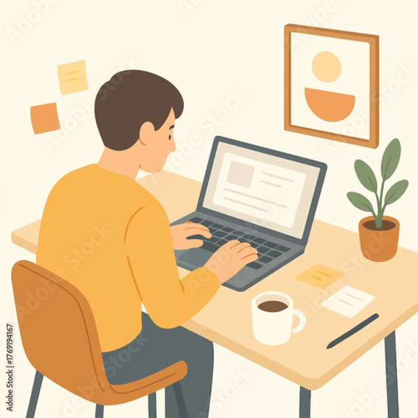 Fototapeta Person using laptop at desk for work or study