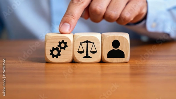 Fototapeta Thoughtful ai human ethics concept showing balance between technology law and business responsibility with pointing finger