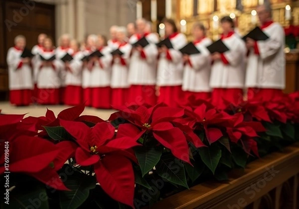 Fototapeta Choir members in red and white robes sing in a church, with red poinsettias in the foreground.
