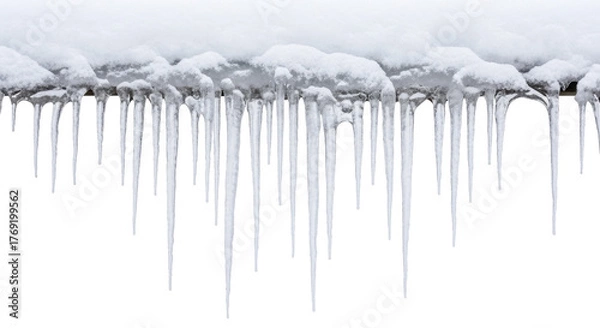 Fototapeta  Fresh snow and sharp icicles hanging from a roof edge on a transparent background, PNG image, PNG file