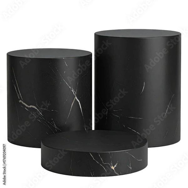 Fototapeta Three marble cylinder pedestals on black background