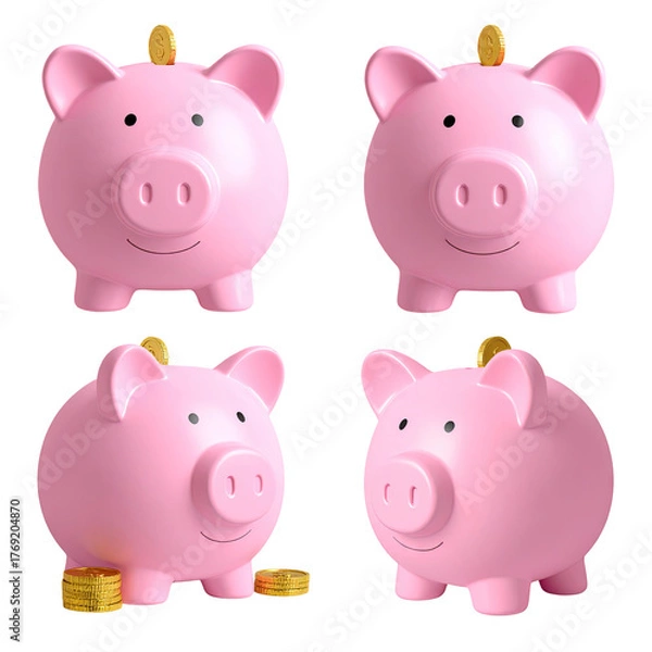 Obraz Four pink piggy banks with gold coins, rendered image