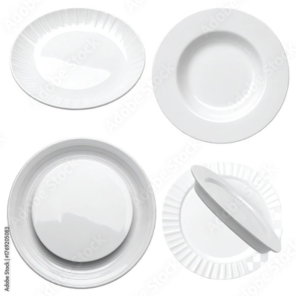 Fototapeta Four clean white plates, different sizes, against black