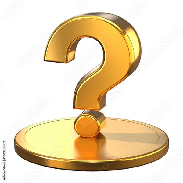 Fototapeta Golden question mark symbol atop a round, reflective base