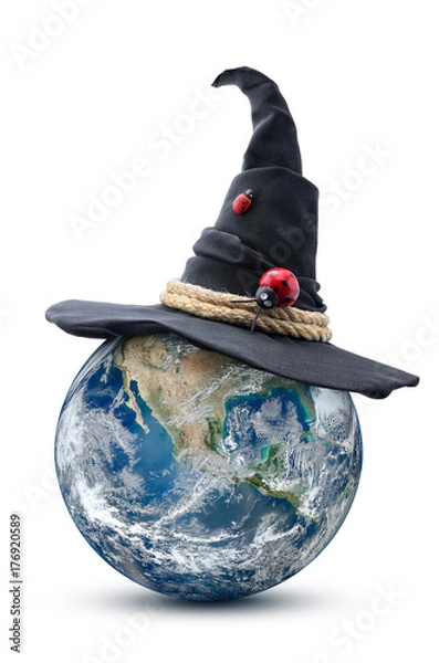 Fototapeta Planet earth in the form of jack-o-lantern on white background. Elements of this image furnished by NASA