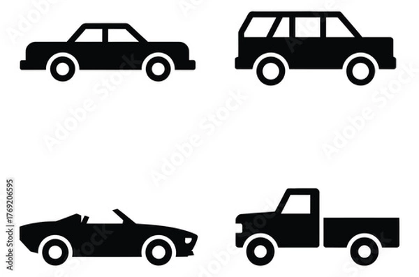Fototapeta Explore sleek car icons perfect for transportation apps, automotive websites, or modern design projects needing vehicle illustrations, featuring sedan, SUV, sports car, and truck silhouettes