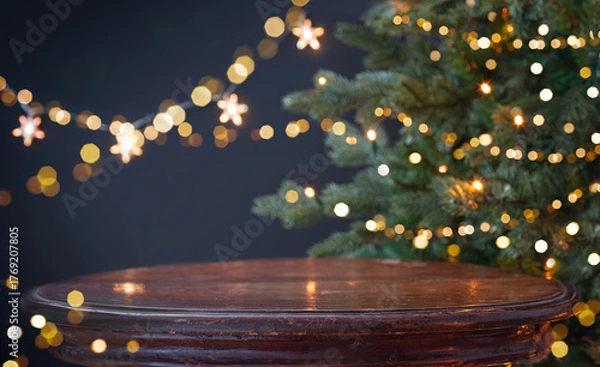 Fototapeta Round wooden table for your product display on blurred Christmas tree decorations dark background