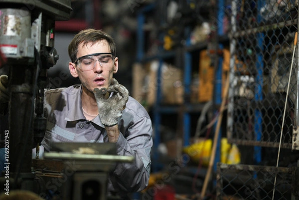Fototapeta White man technician checking used car damaged engine block at scrap yard warehouse recycle area part. Maintenance engineer inspecting rust oily auto motor old spare part in junkyard for reuse service