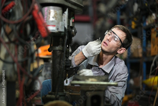 Fototapeta White man technician checking used car damaged engine block at scrap yard warehouse recycle area part. Maintenance engineer inspecting rust oily auto motor old spare part in junkyard for reuse service