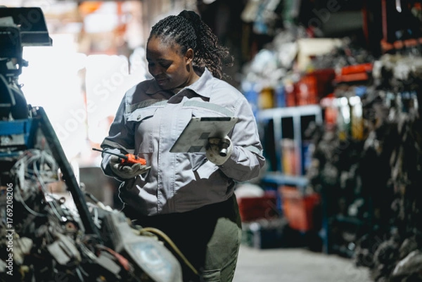 Obraz Female technician check used car damaged engine block at scrapyard warehouse recycle area part. African American engineer inspecting rust oily auto motor old spare part in junkyard for reuse service