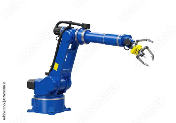 Obraz Isolated robotic arm in blue, industrial design, claw grip, automation, machine tool